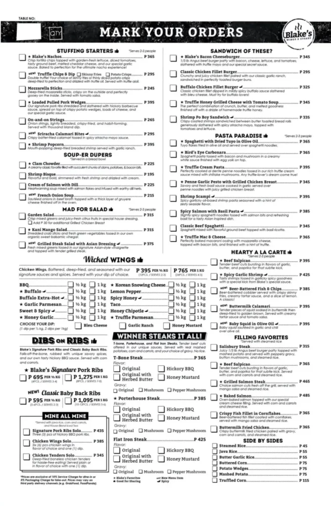 BLAKE’S WINGS & STEAK PASTA PARADISE MENU PRICES