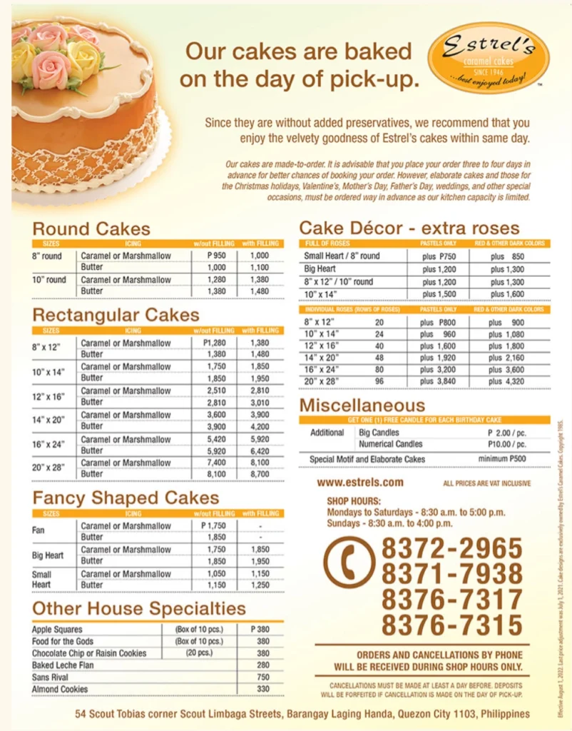 ESTREL’S ROUND CAKES MENU WITH PRICES