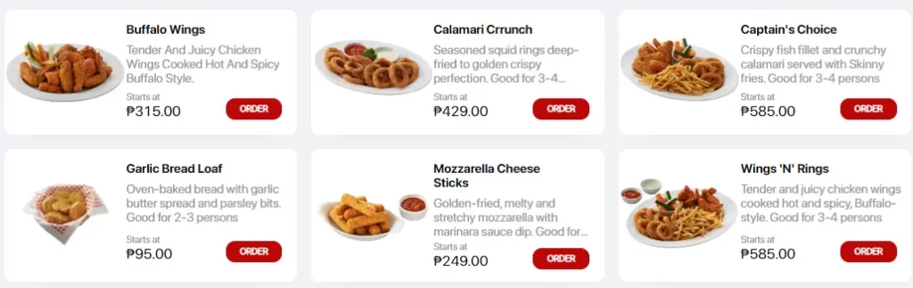 SHAKEY’S STARTERS MENU PRICES