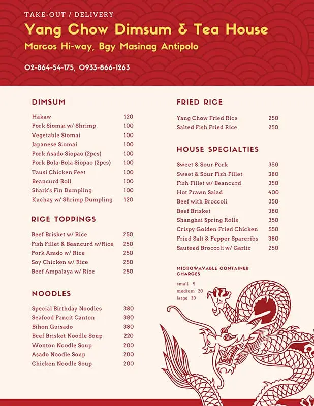 YANG CHOW FRIED RICE MENU WITH PRICES