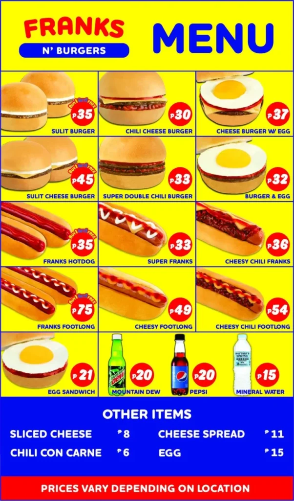 FRANKS N’ BURGERS MENU WITH PRICES