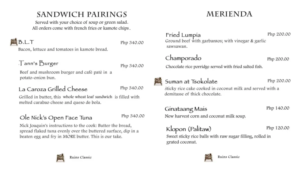 CAFE BY THE RUINS SANDWICH PAIRINGS MENU PRICES
CAFE BY THE RUINS MERINDA PRICES