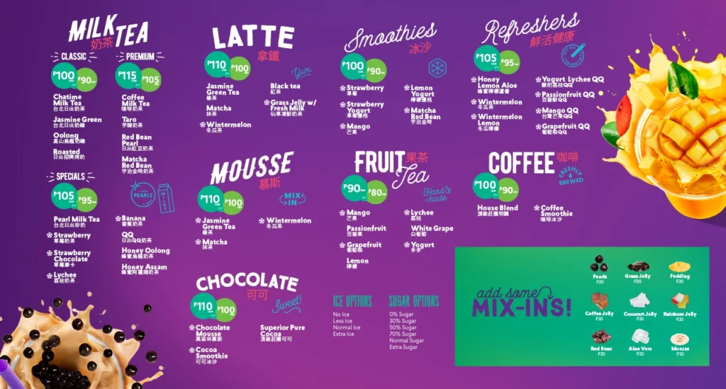 CHATIME MILK TEA CLASSICS MENU WITH PRICES