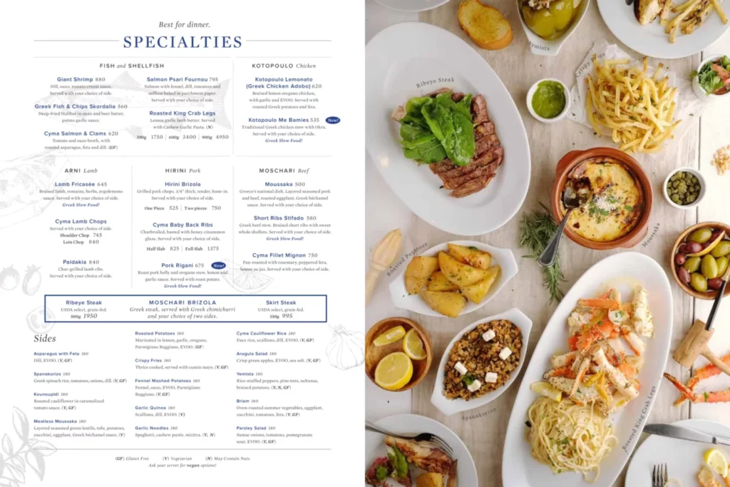 CYMA SPECIALTIES MENU PRICES