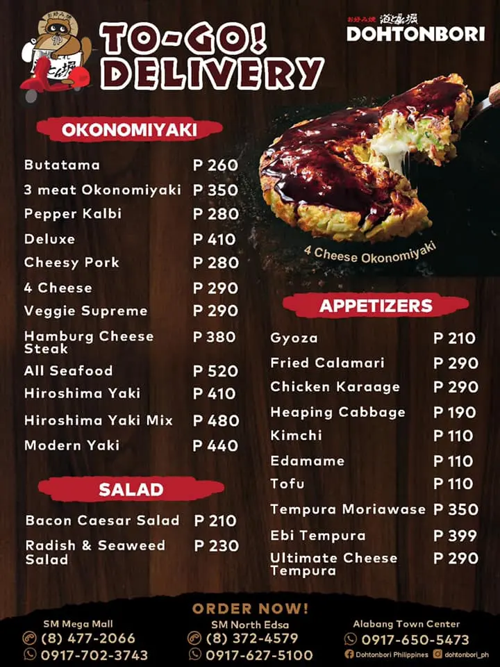 DOHTONBORI OKONOMIYAKI MENU WITH PRICES