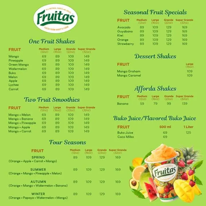 FRUITAS ONE FRUIT SHAKES PRICES FRUITAS TWO FRUIT SMOOTHIES PRICES