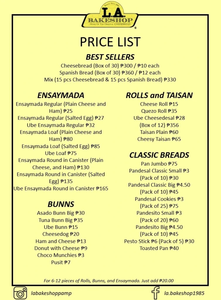 LA Bakeshop Menu With Updated Prices Philippines 2024 - Menu-Infinity