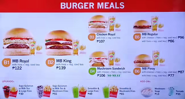 MUSHROOM BURGER MEALS MENU WITH PRICES