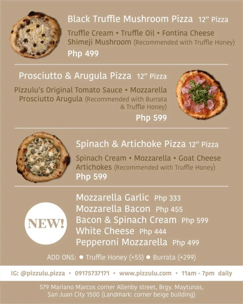 PIZZULU MENU PASTA PRICES