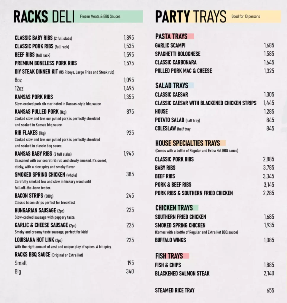 RACKS DELI MENU PRICES  RACKS PARTY TRAYS PRICES