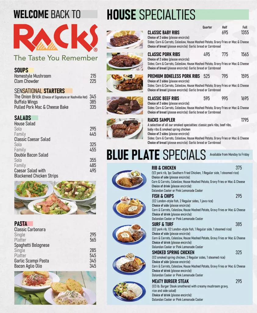 RACKS SOUPS MENU WITH PRICES RACKS SALADS MENU PRICES RACKS BLUE PLATES SPECIALS PRICES