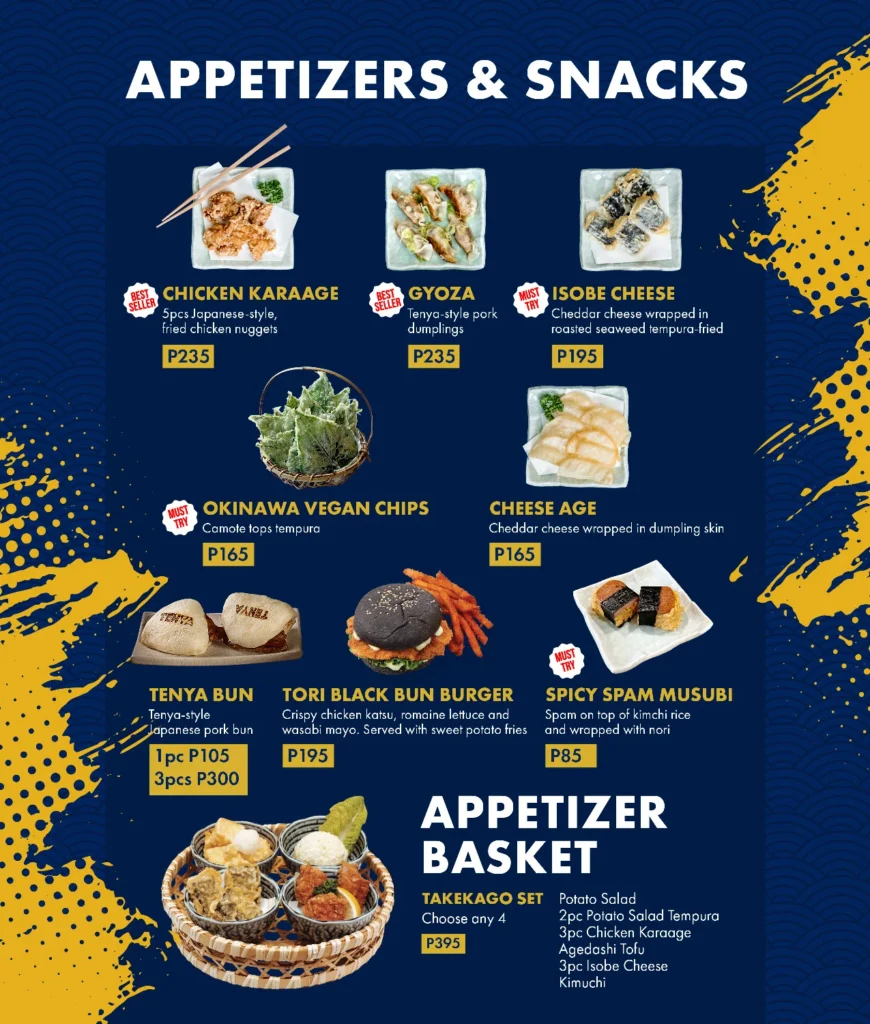 TENYA APPETIZERS & SNACKS MENU PRICES