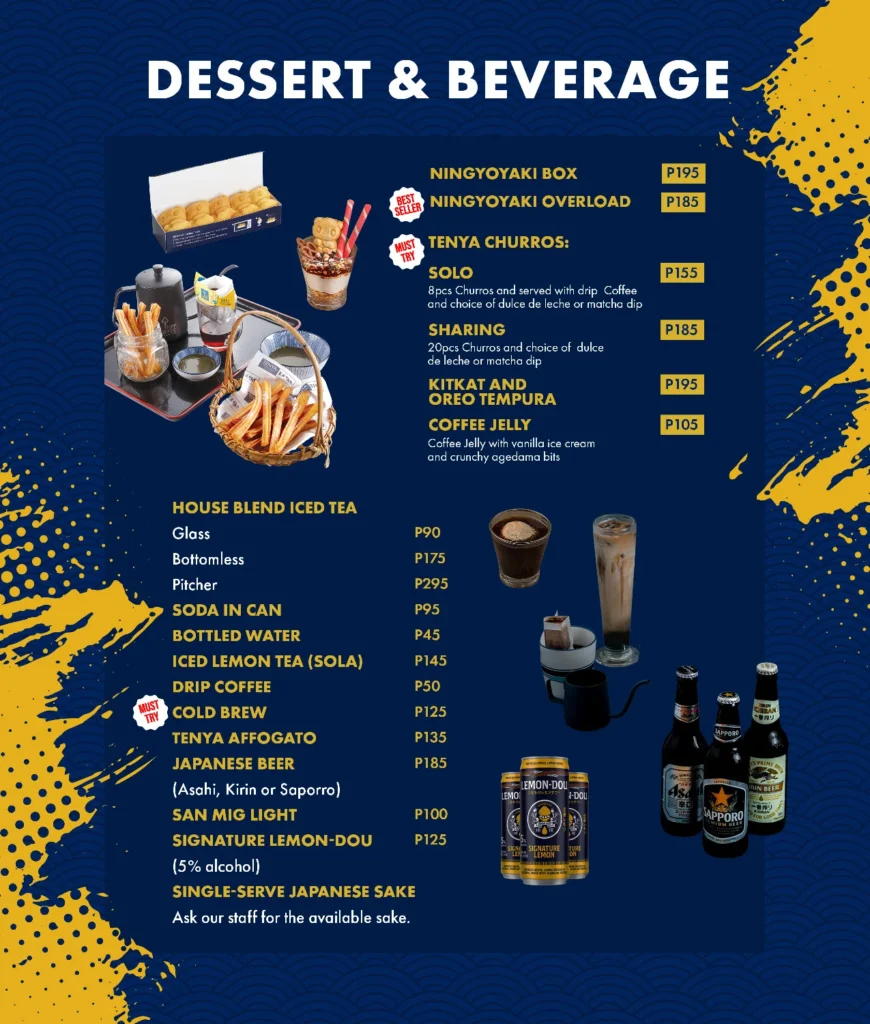 TENYA DESSERT , BEVERAGES & PARTY TRAYS MENU WITH PRICES