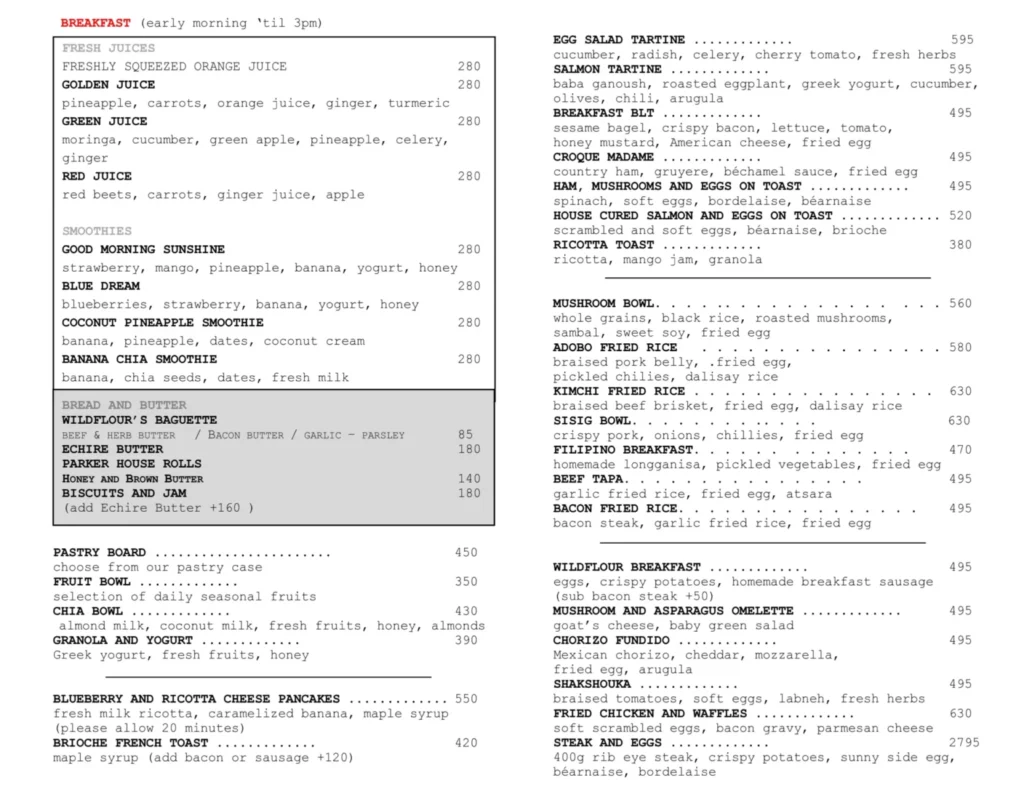 WILDFLOUR BREAKFAST PRICES
