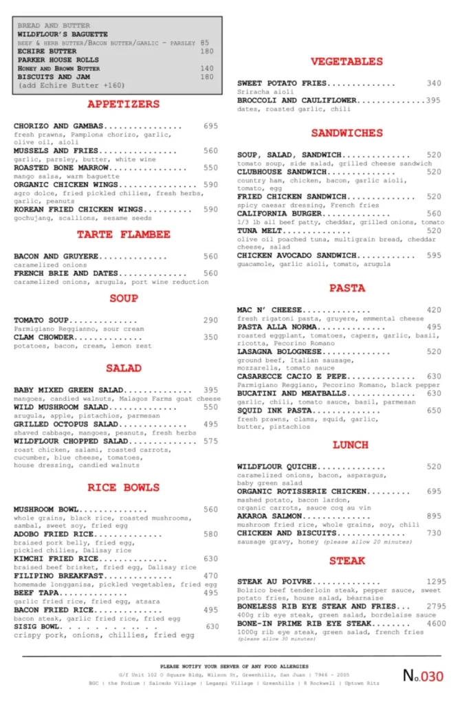 WILDFLOUR RICE BOWLS MENU PRICES WILDFLOUR MENU SANDWICH & BURGERS PRICES WILDFLOUR APPETIZERS MENU WITH PRICES