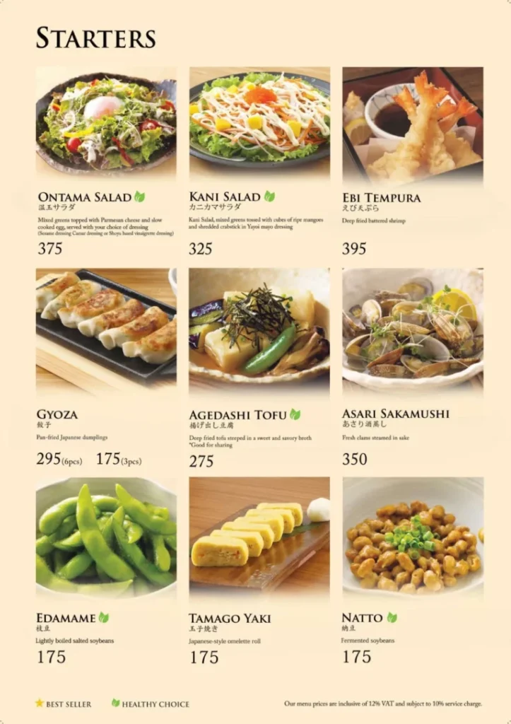 YAYOI STARTERS MENU WITH PRICES