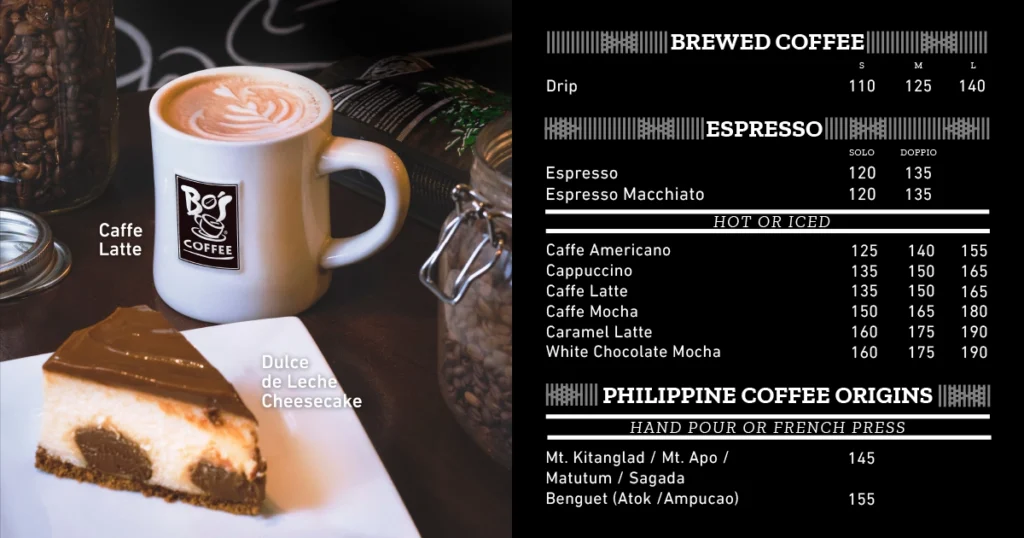 BO’S COFFEE BREWED COFFEE MENU WITH PRICES BO’S COFFEE ESPRESSO PRICES