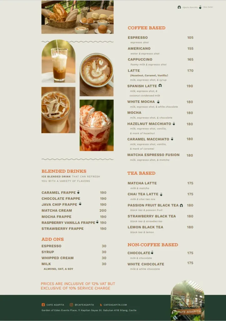 CAFE AGAPITA COFFEE-BASED MENU WITH PRICES
CAFE AGAPITA BLENDED DRINKS PRICES