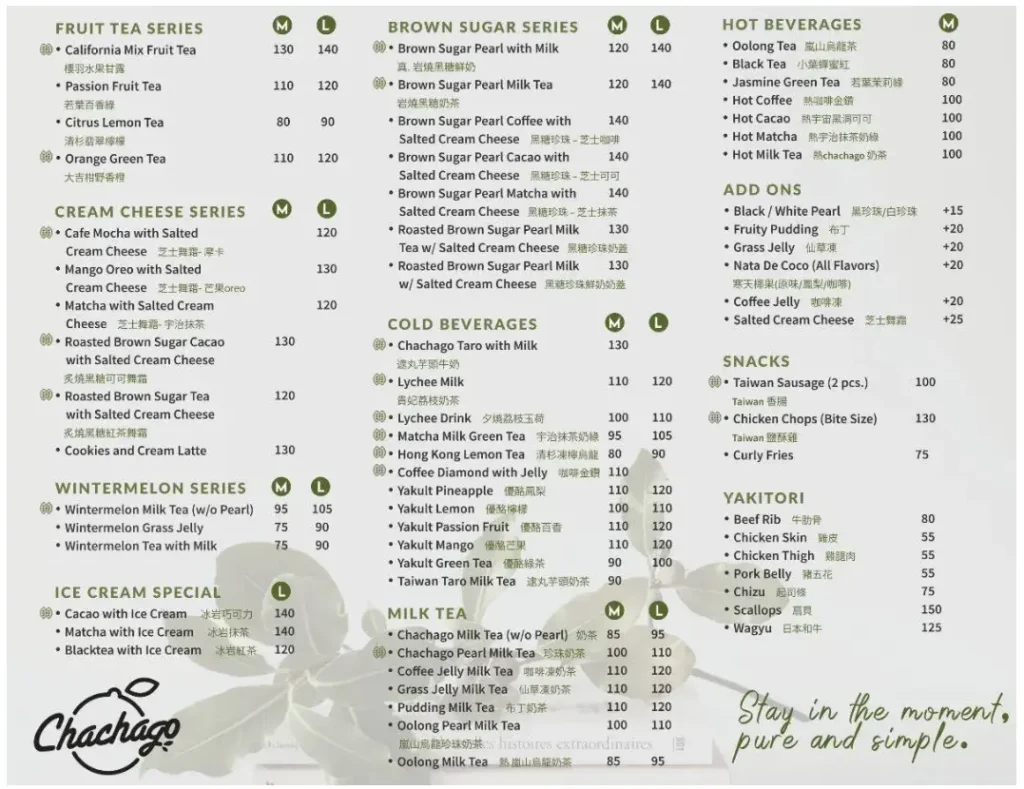 CHACHAGO MENU PRICES