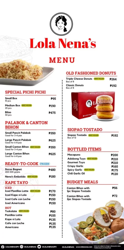 LOLA NENA’S SPECIAL PICHI PICHI MENU WITH PRICES LOLA NENA’S PALABOK & CANTON BIHON PRICES LOLA NENA’S KAPE TAYO HOT PRICES