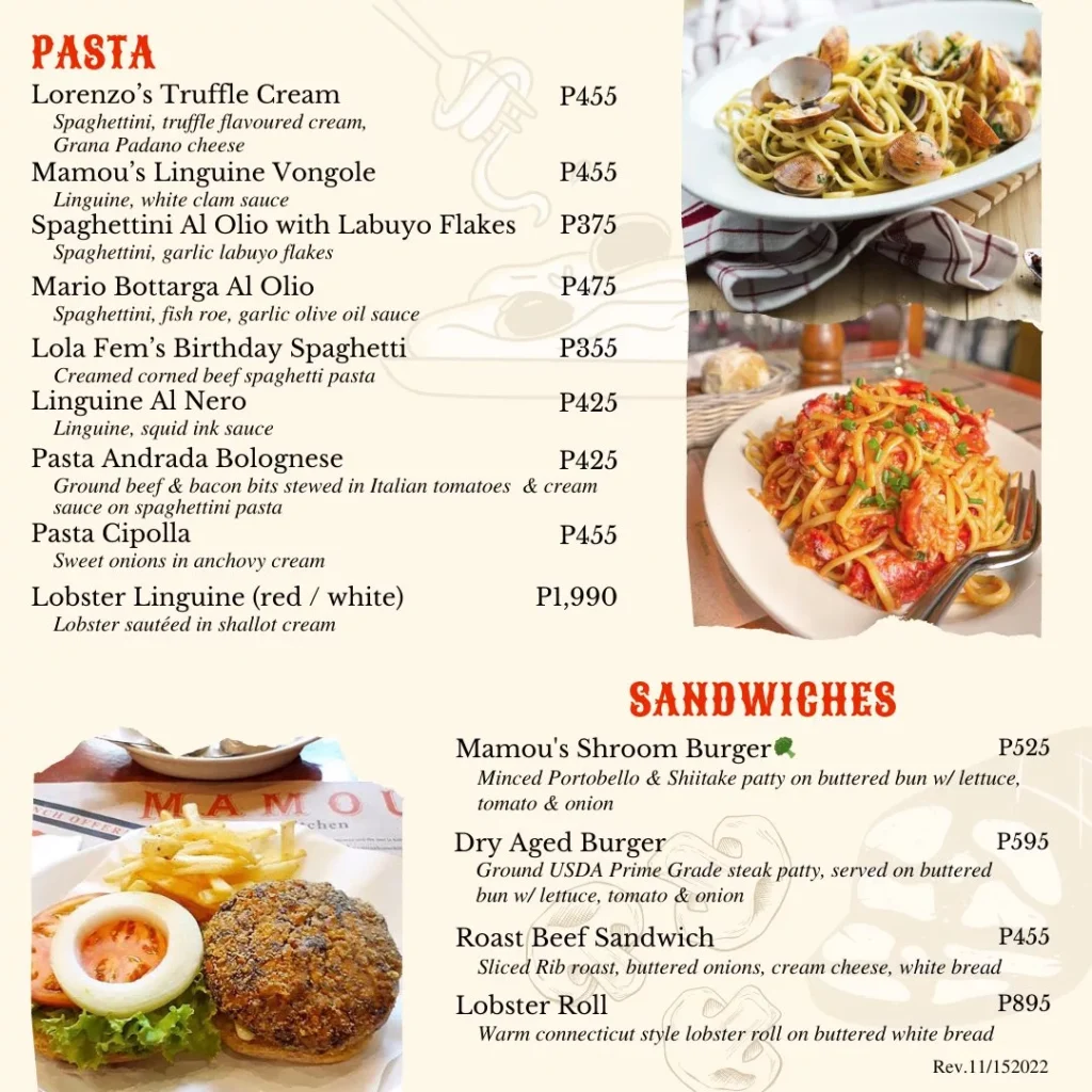 MAMOU PASTA MENU PRICES