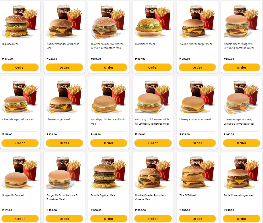 MCDO MENU BURGERS PRICES