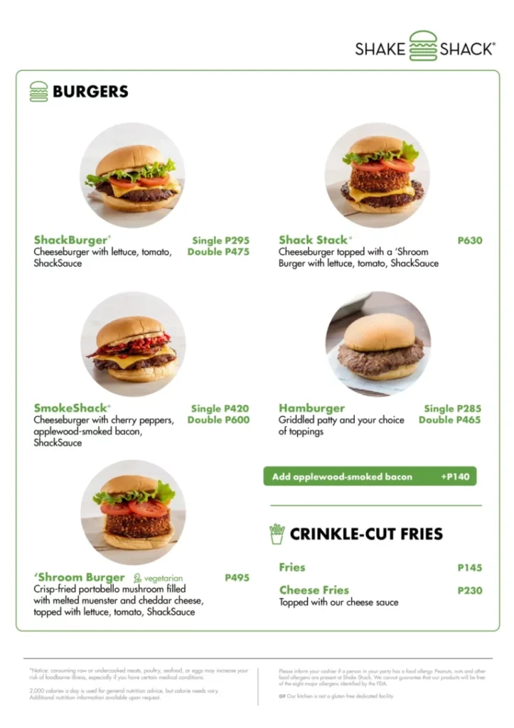 SHAKE SHACK BURGERS MENU WITH PRICES