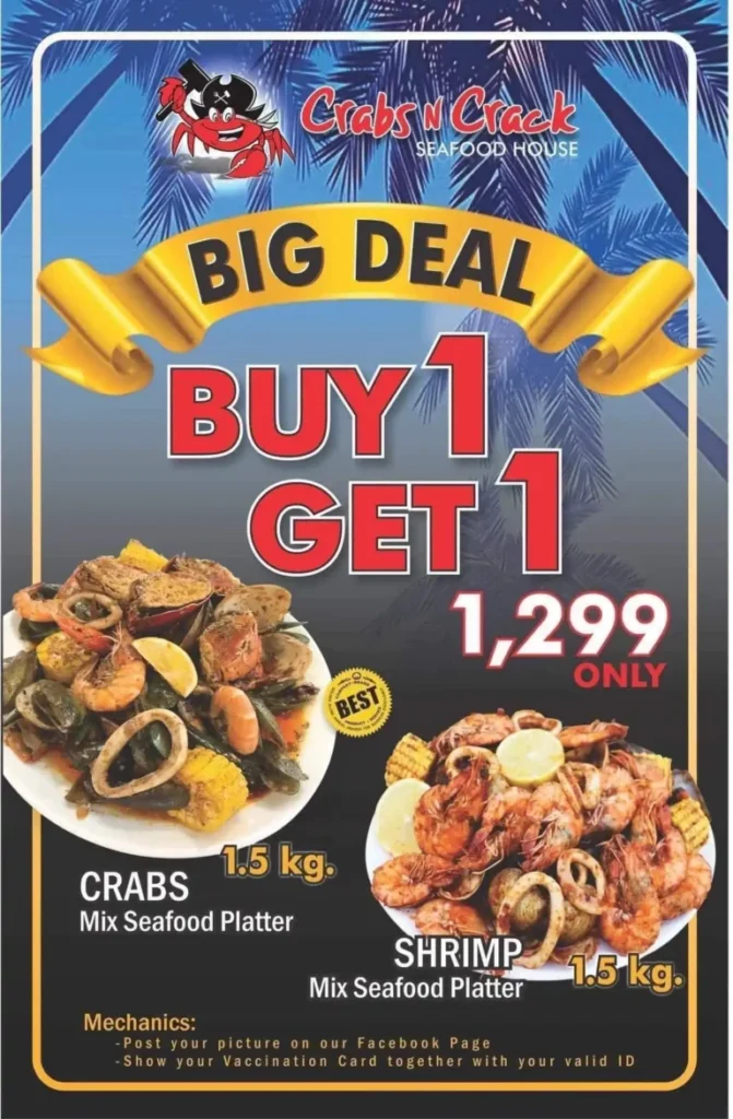 CRABS N CRACK PROMOS MENU WITH AND CRABS N CRACK BUY 1 GET 1 PRICES