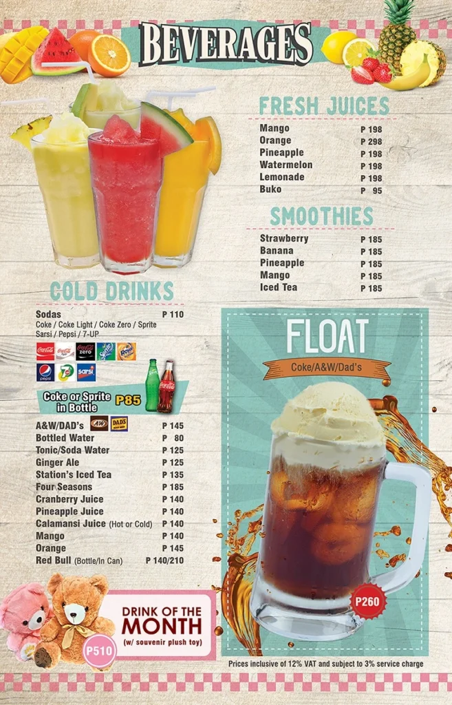 FILLING STATION FRESH JUICE MENU WITH PRICES FILLING STATION SMOOTHIES PRICES
FILLING STATION COLD DRINKS MENU PRICES