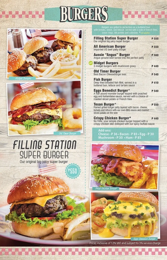 FILLING STATIONS BURGERS MENU PRICES