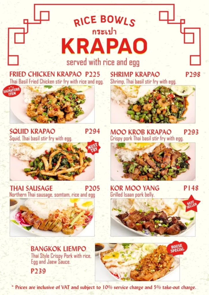 KHAO KHAI MENU RICE BOWLS PRICES