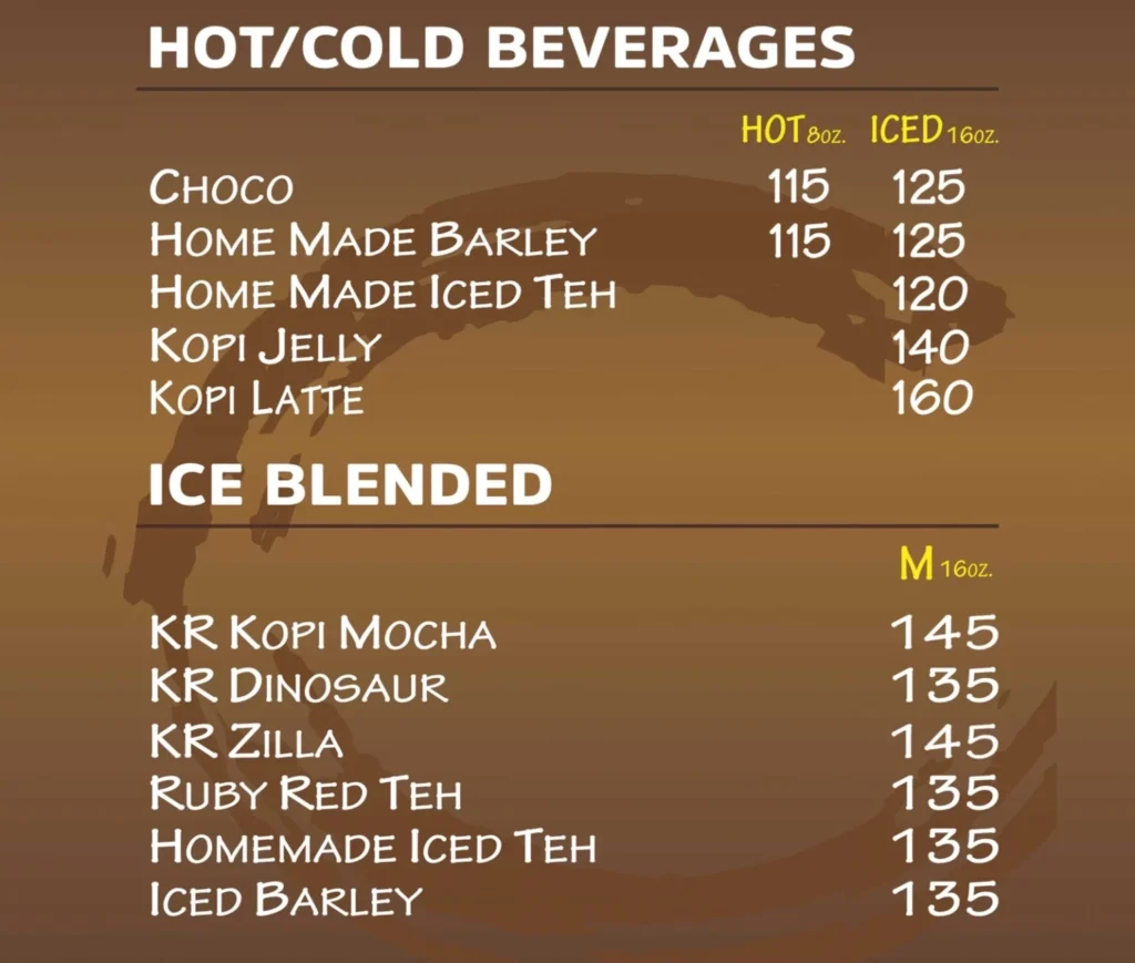 KOPI ROTI COLD BEVERAGES AND KOPI ROTI KOPI & TEH MENU PRICES