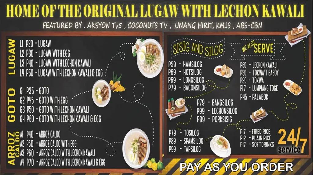 LUGAWAN SA TEJEROS SOUP MENU WITH AND LUGAWAN SA TEJEROS PLATTER PRICES