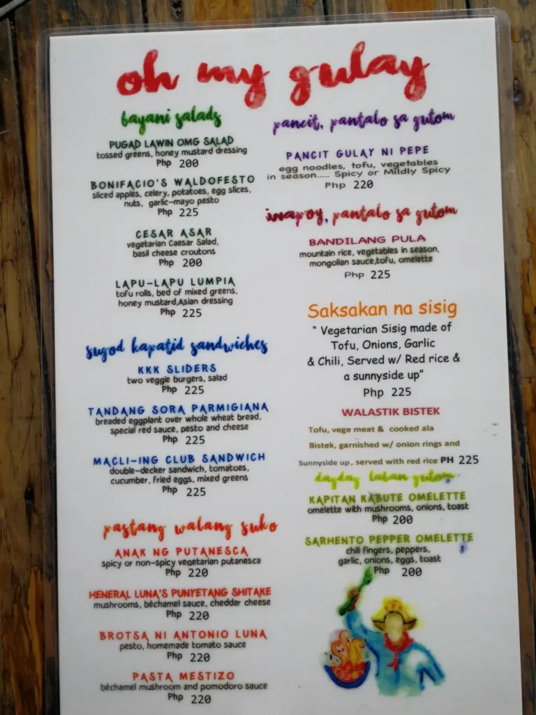 OH MY GULAY MENU AND PASTANG WALANG SUKO AND OH MY GULAY SALADS PRICES