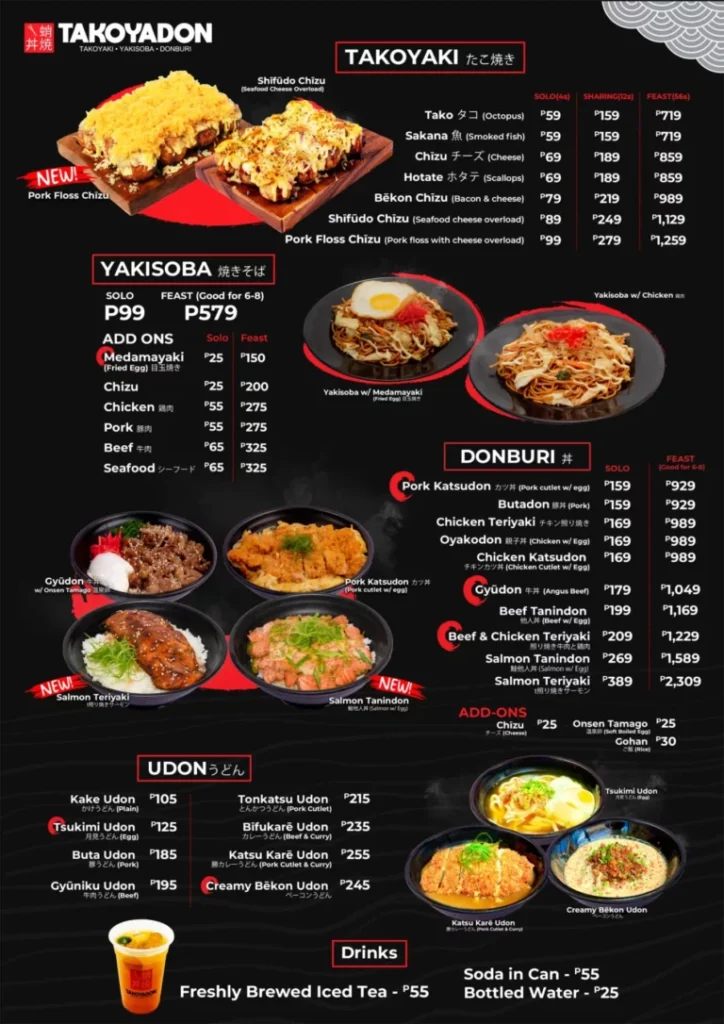 TAKOYADON TAKOYAKI MENU WITH AND TAKOYADON YAKISOBA PRICES