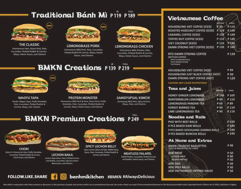 BANH MI TRADITIONAL BANH MI MENU WITH AND BANH MI BMKN CREATION BANH MI BMKN PREMIUM CREATIONS MENU PRICES