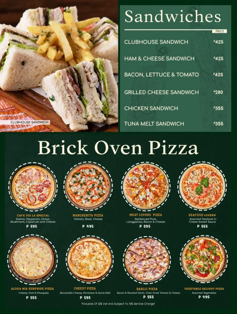 CAFE VOI LA SANDWICHES AND CAFE VOI LA BRICK OVEN PIZZA MENU PRICES