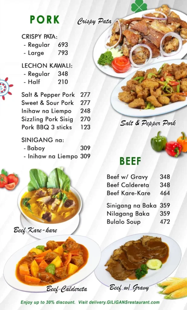 GILIGAN’S CHICKEN, BEEF & SEAFOOD MENU AND GILIGAN’S PORK MENU PRICES