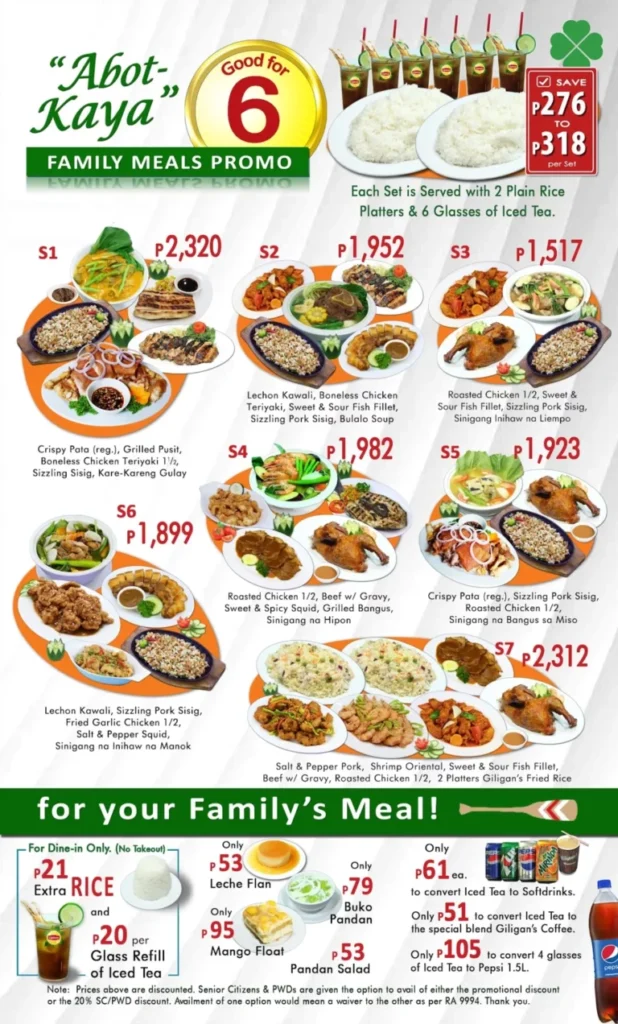 GILIGAN’S FAMILY MEAL MENU PRICES