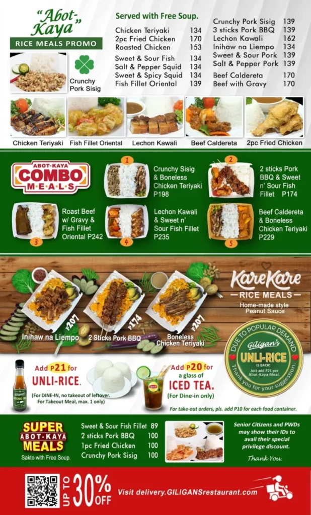 GILIGAN’S MENU RICE MEALS PROMO PRICES