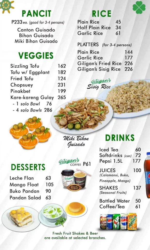 GILIGAN’S MENU RICE MEALS PRICES