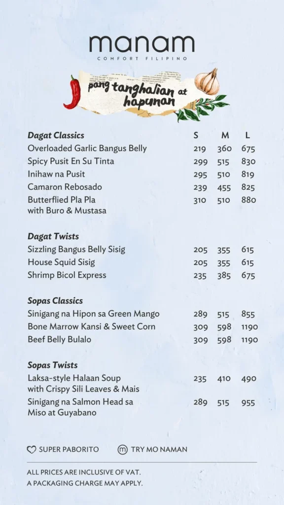 MANAM DAGAT CLASSICS PRICES
MANAM DAGAT TWISTS MENU PRICES