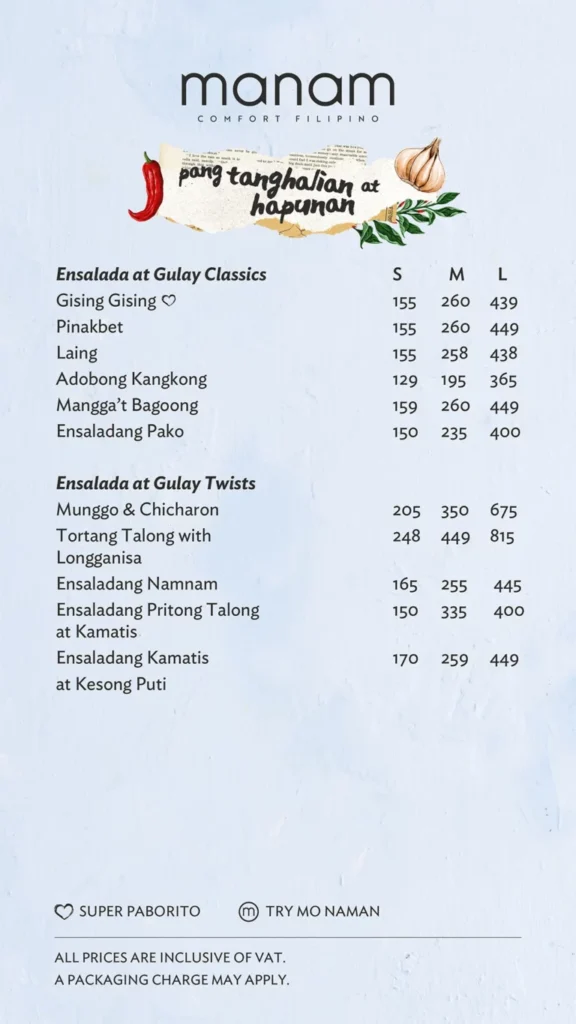 MANAM ENSALADA AT GULAY CLASSICS PRICES MANAM ENSALADA AT GULAY TWISTS MENU PRICES