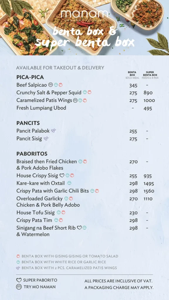 MANAM MENU PICA-PICA TWISTS PRICES