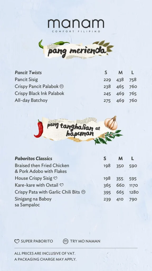 MANAM PANCIT CLASSICS PRICES MANAM PANCIT TWISTS MENU PRICES