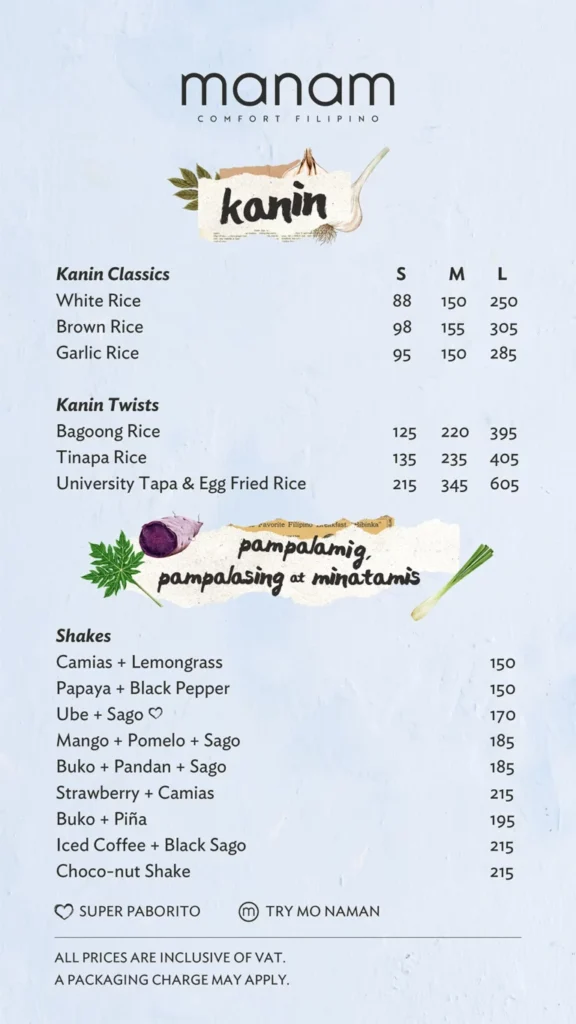 MANAM SHAKES MENU PRICES