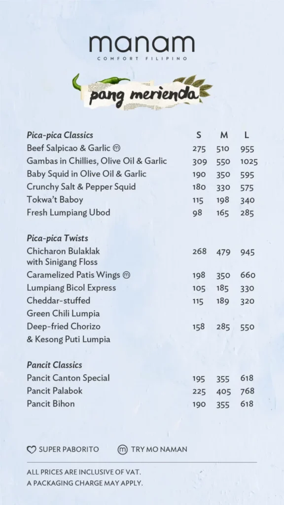 MANAM SILOGS CLASSICS & TWISTS MENU PRICES
MANAM PICA-PICA CLASSICS PRICES
MANAM MENU PICA-PICA TWISTS PRICES