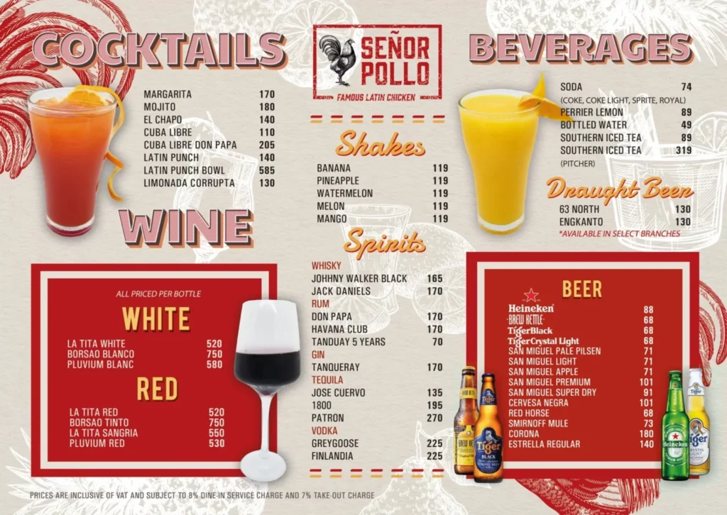 SENOR POLLO COCKTAILS MENU AND SENOR POLLO WINE AND  SENOR POLLO DESSERTS PRICES