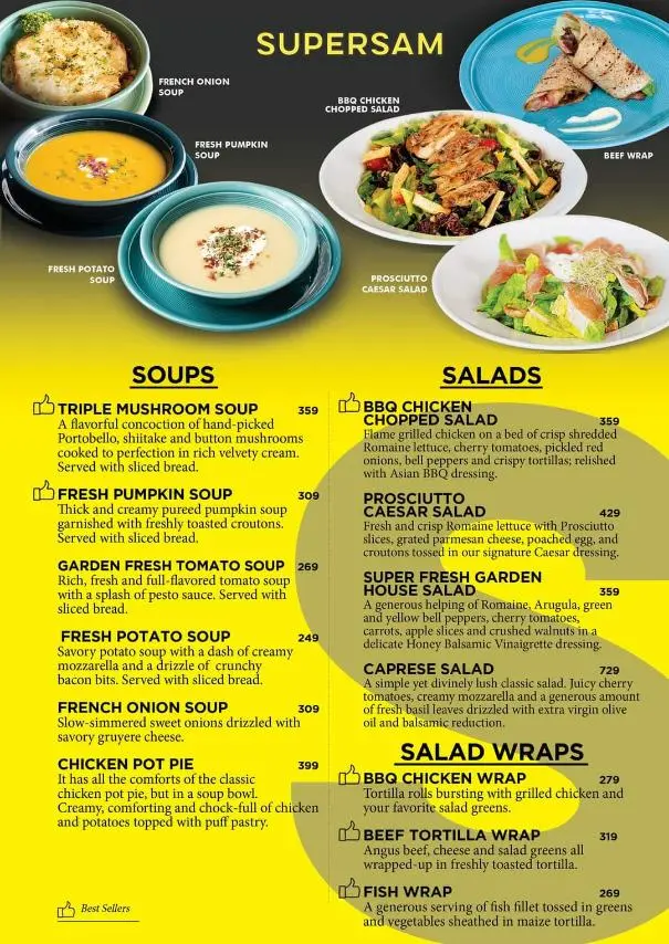 SUPERSAM SOUPS MENU AND SUPERSAM SALADS AND
SUPERSAM SALAD WRAPS PRICES MENU PRICES
