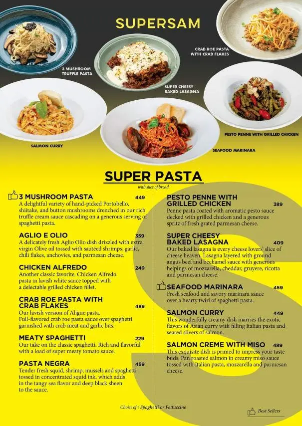 SUPERSAM SUPER PASTA MENU PRICES